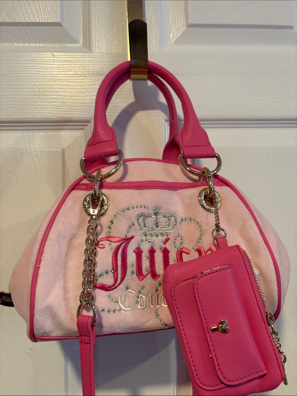 BNWT Juicy Couture Pink Velour Rhinestone Crown Bowler Bag + Wallet